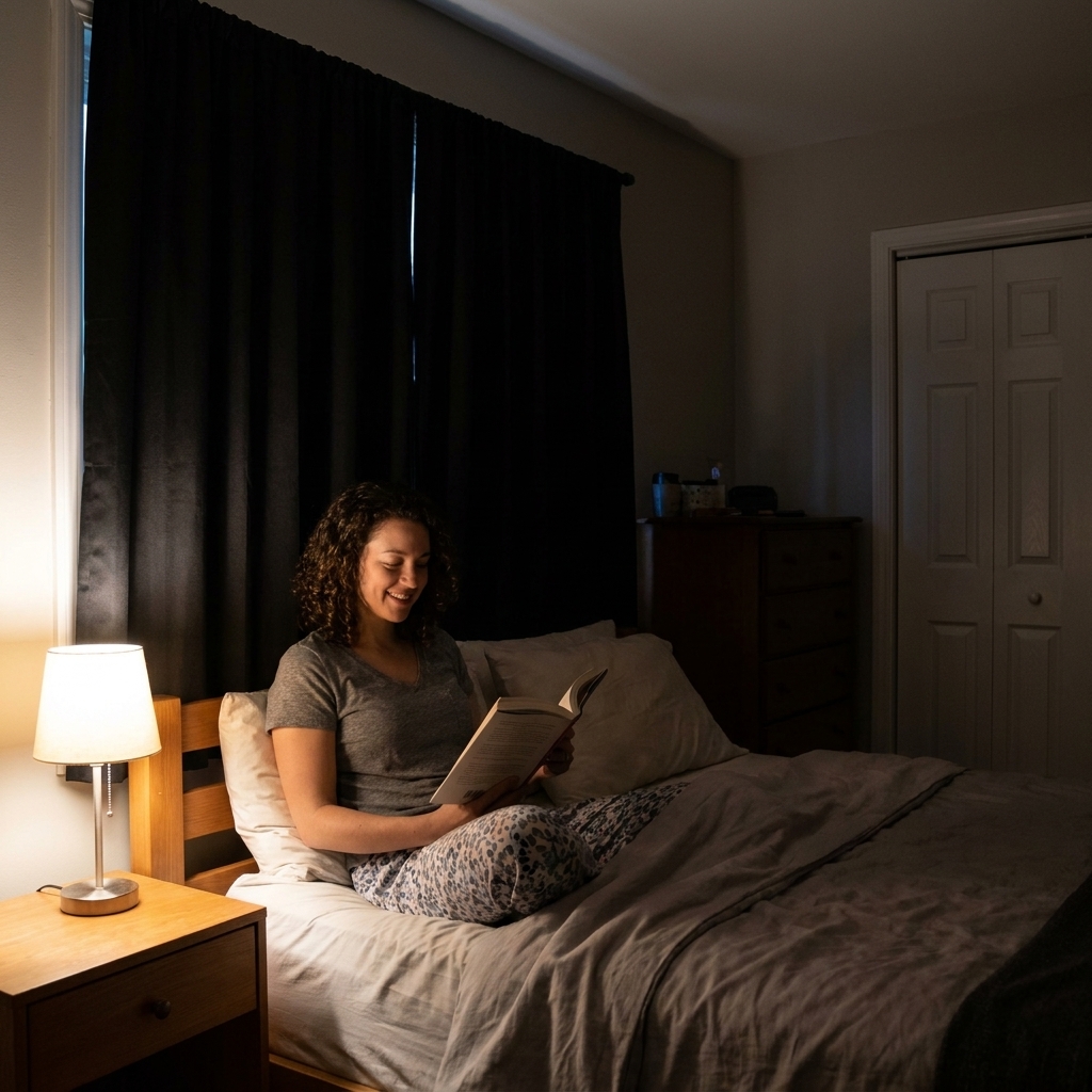 A bedroom at night with blackout curtains drawn closed, a dim bedside lamp on, and no overhead lighting