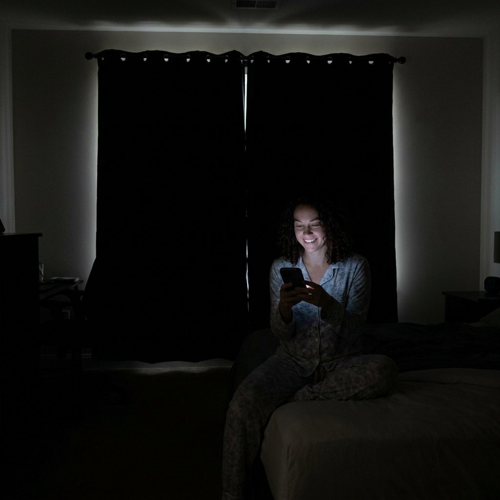 A bedroom during daytime with heavy blackout curtains fully covering the window, creating near total darkness