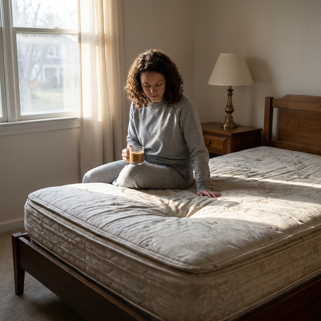 A bedroom with an older mattress showing a noticeable sag in the center in soft morning light.