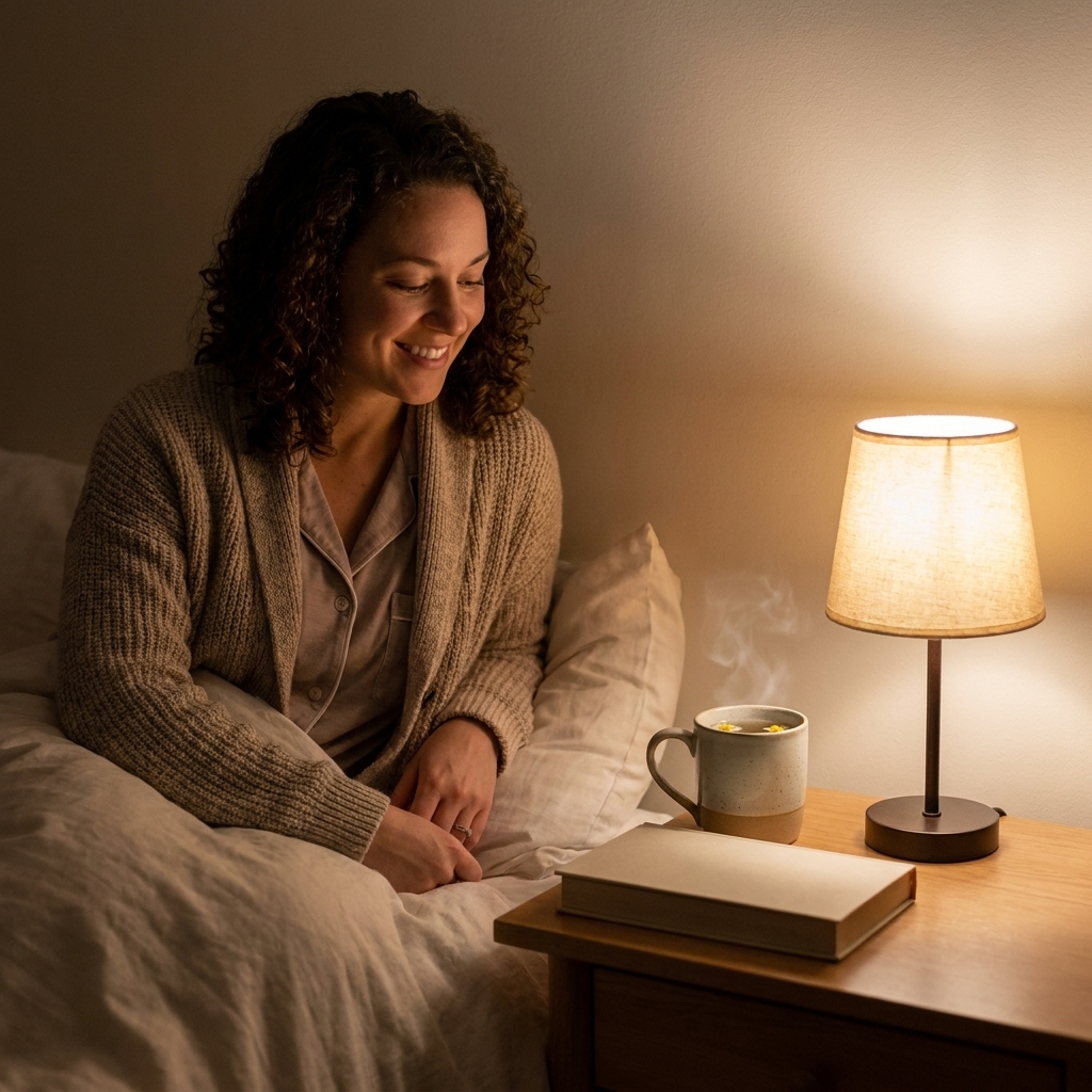 A bedside table at night with a closed book and a steaming cup of chamomile tea beside a softly lit lamp in a quiet bedroom