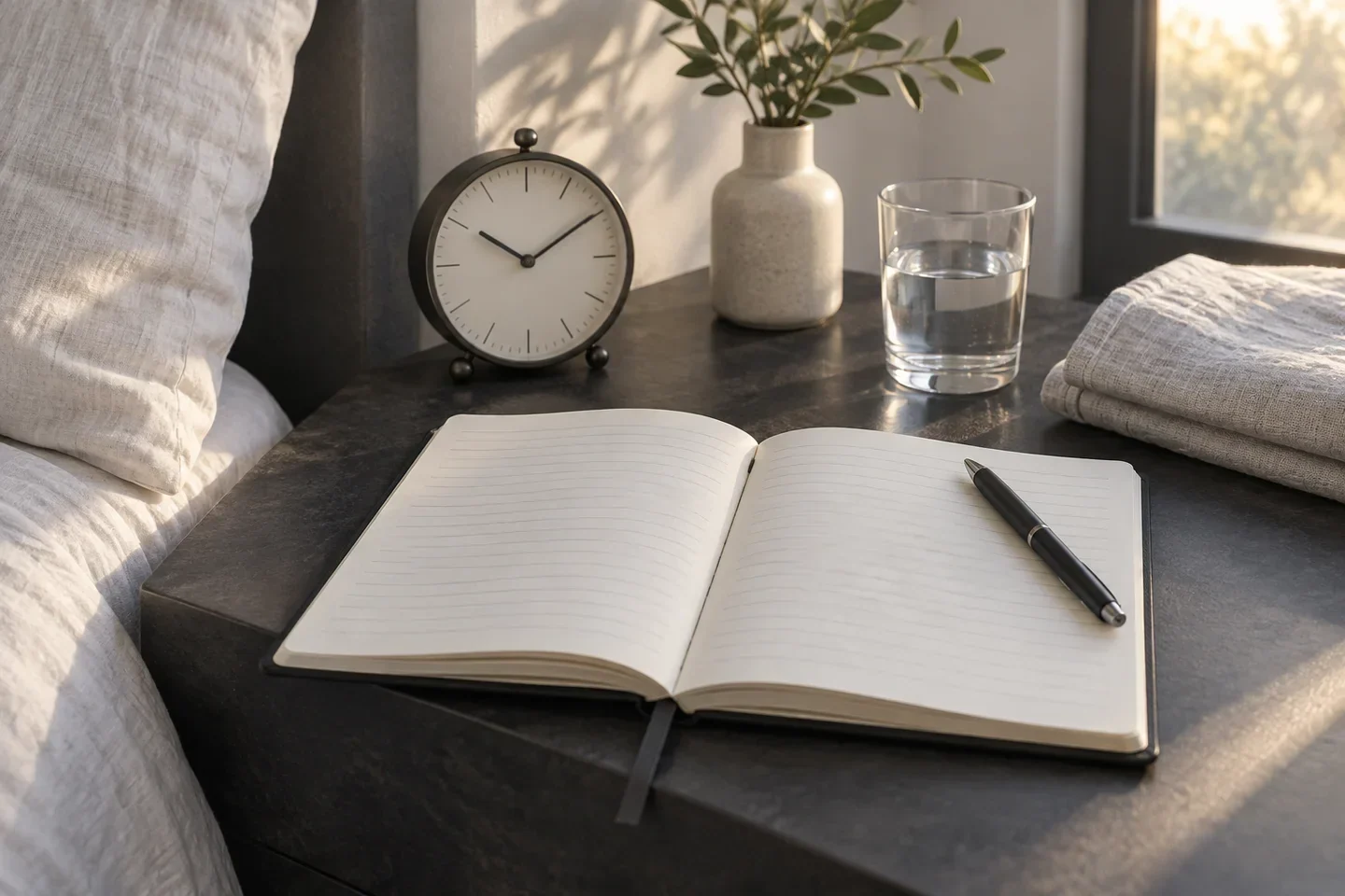 A bedside table with a notebook open to handwritten sleep notes next to a pen and a softly glowing lamp in a calm bedroom