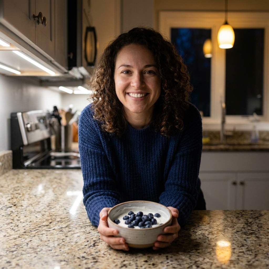 A bowl of Greek yogurt topped with blueberries on a kitchen counter at night with soft lighting