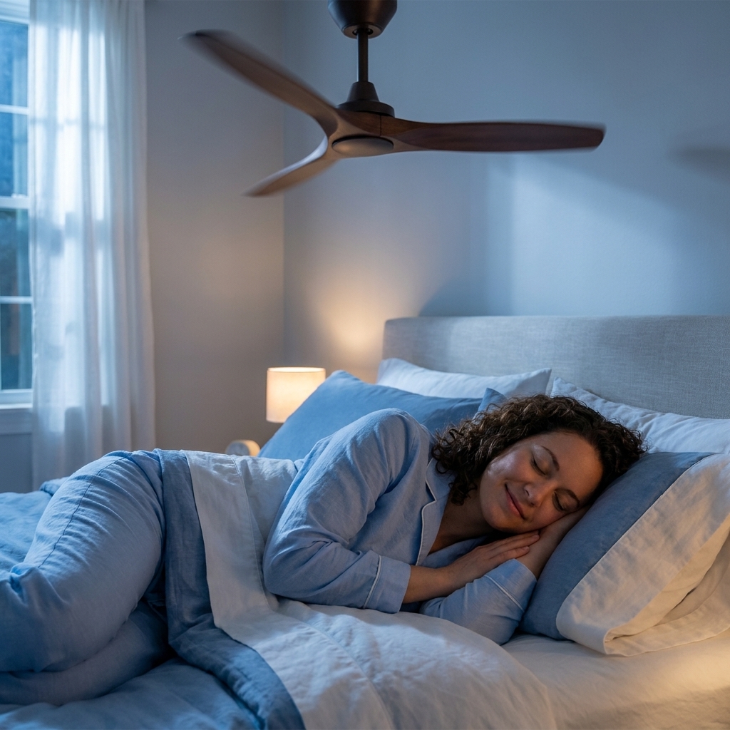 A calm bedroom at night with a ceiling fan gently circulating air above a neatly made bed, creating a cooler sleep environment
