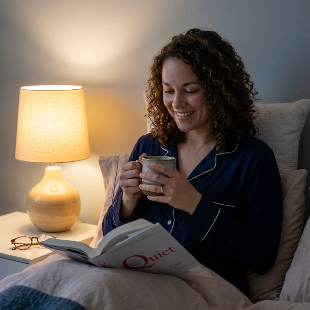 A calm bedroom at night with a warm bedside lamp glowing next to a book and a mug, suggesting a quiet wind-down routine