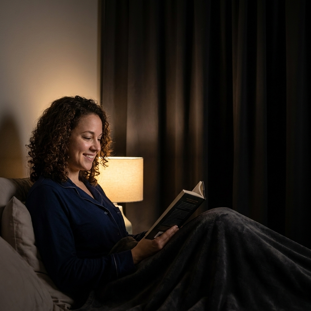 A calm bedroom at night with thick blackout curtains fully drawn, creating a dark, restful space.