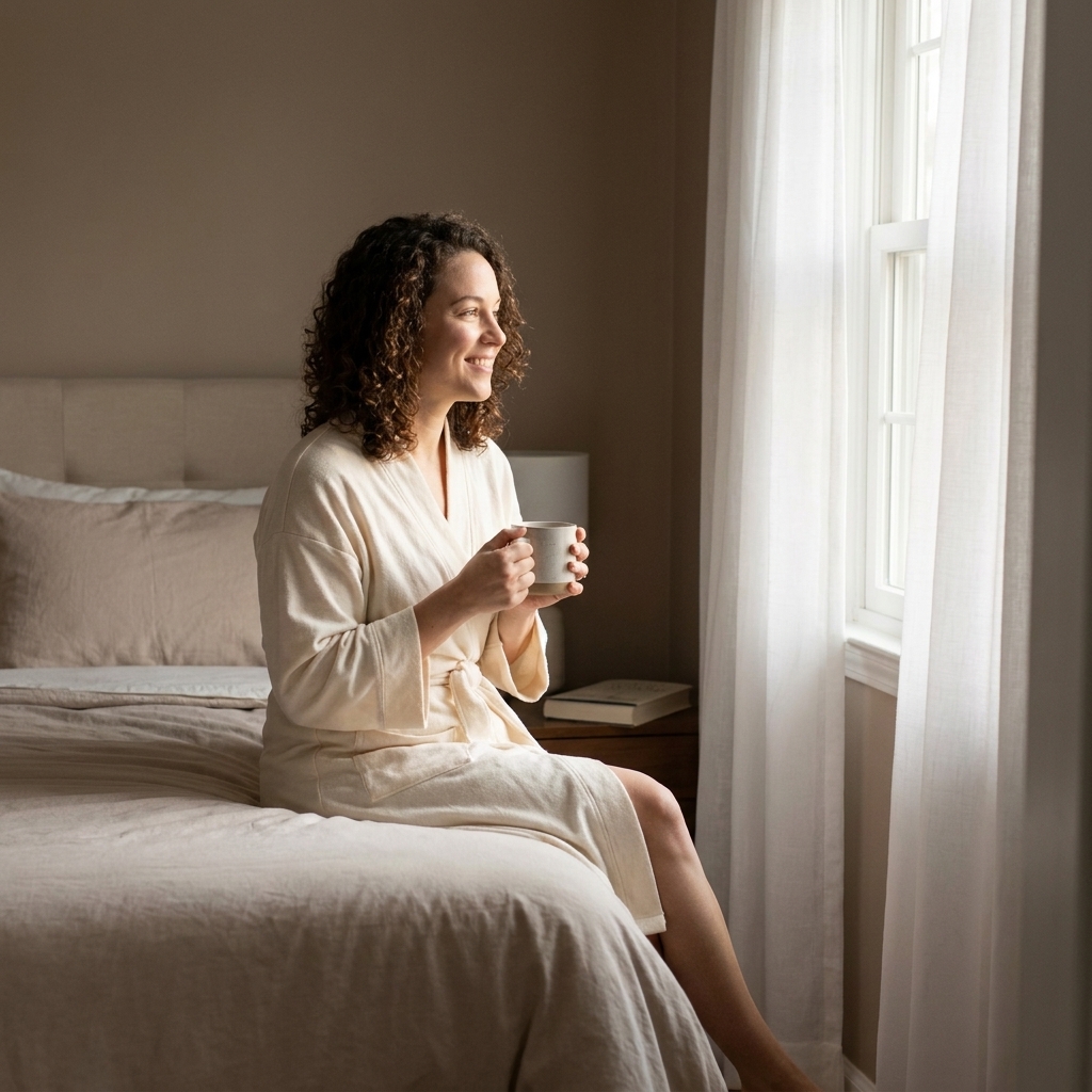 A calm bedroom in soft morning light with a neatly made bed and curtains partially open.