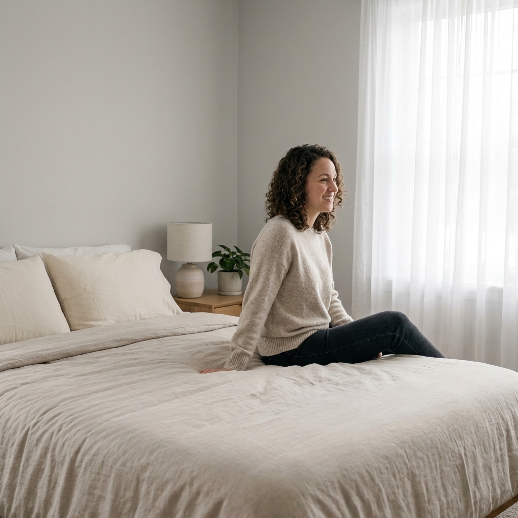 A calm minimalist bedroom with a neatly made bed, soft natural light through curtains, and a neutral, restful color palette