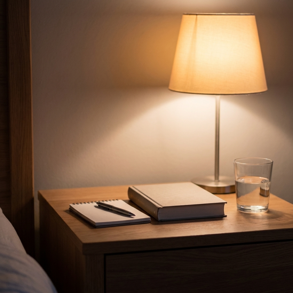 A calm nightstand with a small notebook and pen, a closed book, a glass of water, and a softly glowing lamp