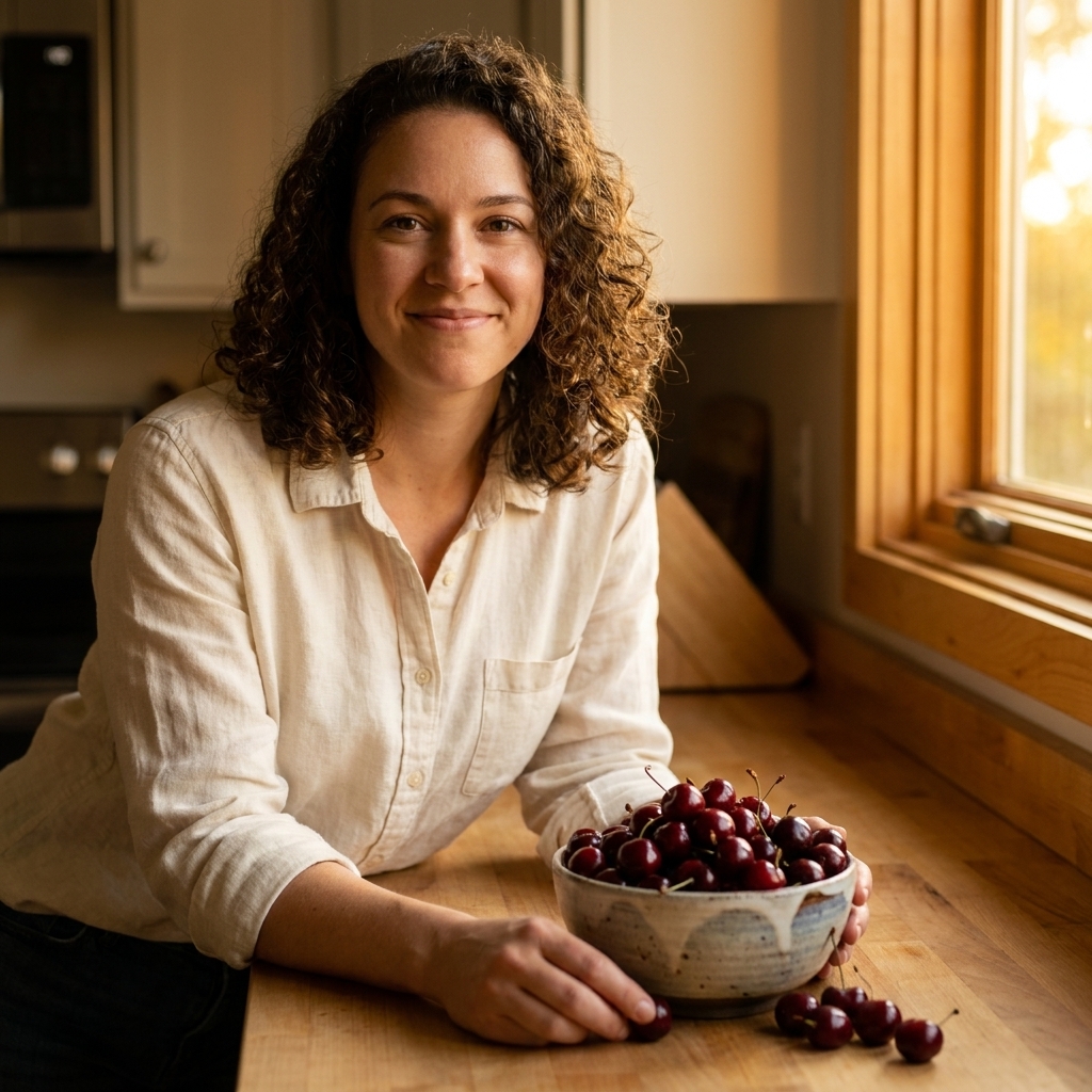 A ceramic bowl filled with tart red cherries on a kitchen counter under warm evening light