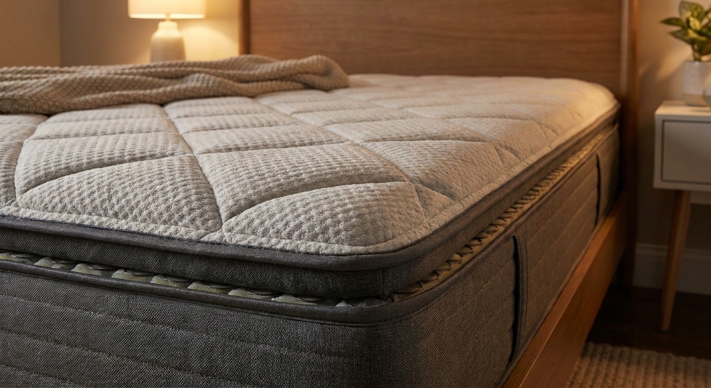 A close-up photo of a hybrid mattress corner showing the quilted top and supportive side edge in a softly lit bedroom