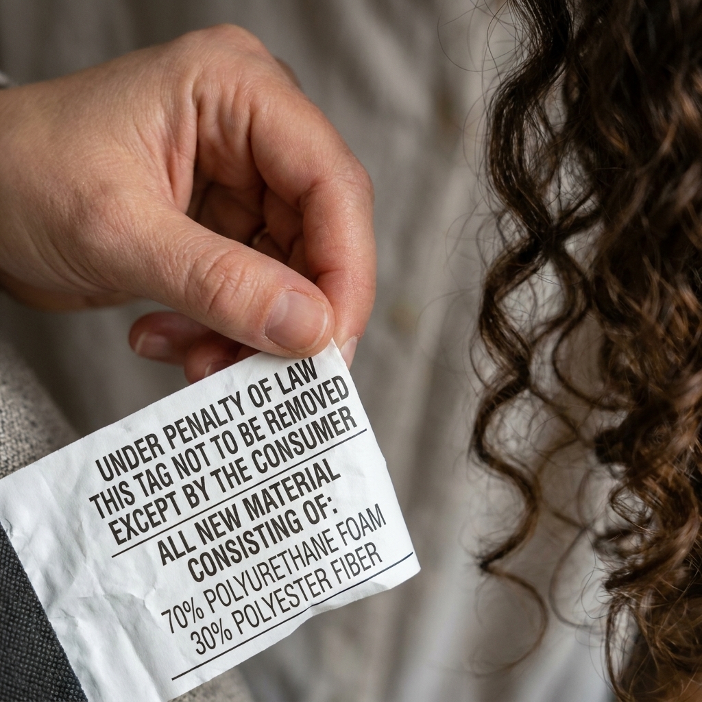 A close-up view of a mattress law label tag being held between fingers, showing material composition text