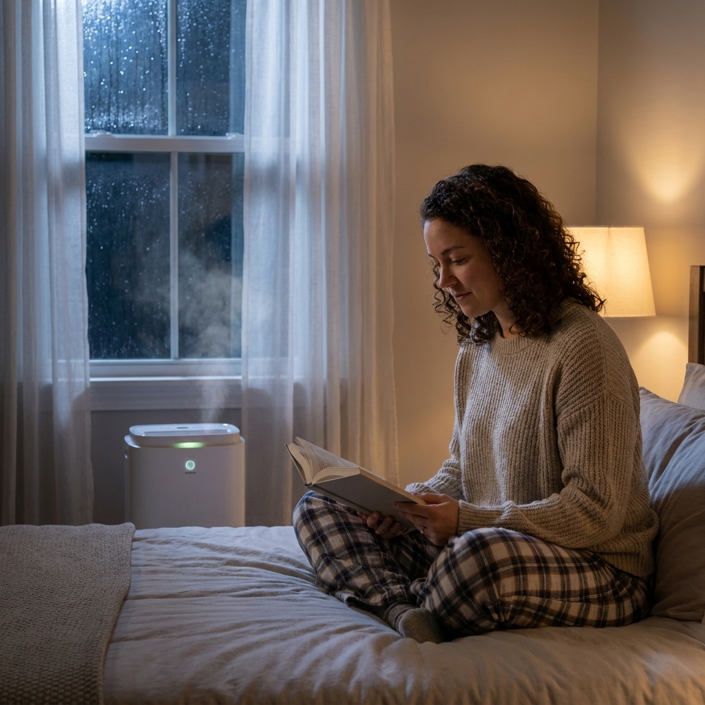A compact dehumidifier running in a bedroom near a window at night with soft ambient lighting