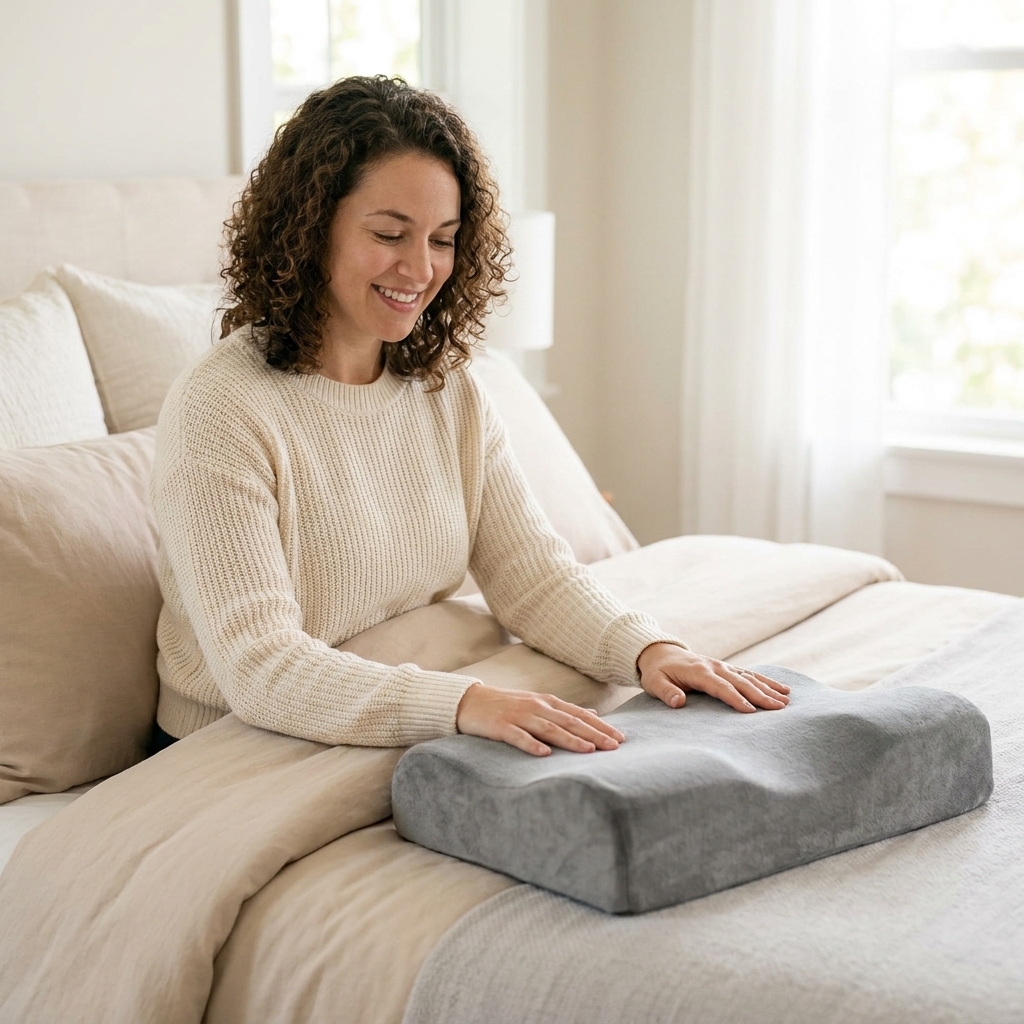 A contoured foam knee pillow resting on a neatly made bed with soft neutral bedding