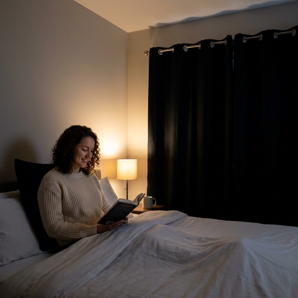 A cozy bedroom at night with blackout curtains drawn, a small warm lamp in the corner, and a neatly made bed in a calm, quiet setting