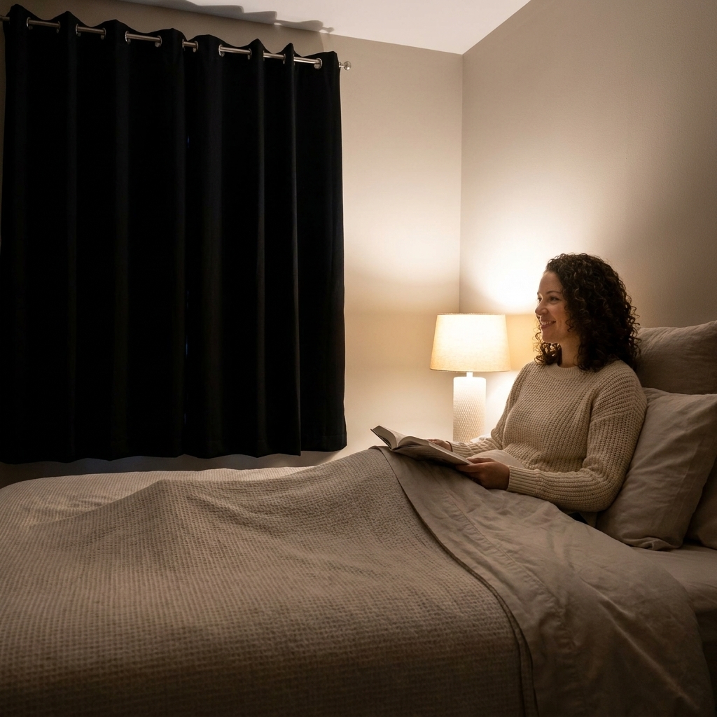 A cozy bedroom with blackout curtains drawn and a bedside lamp glowing warmly next to a neatly made bed.