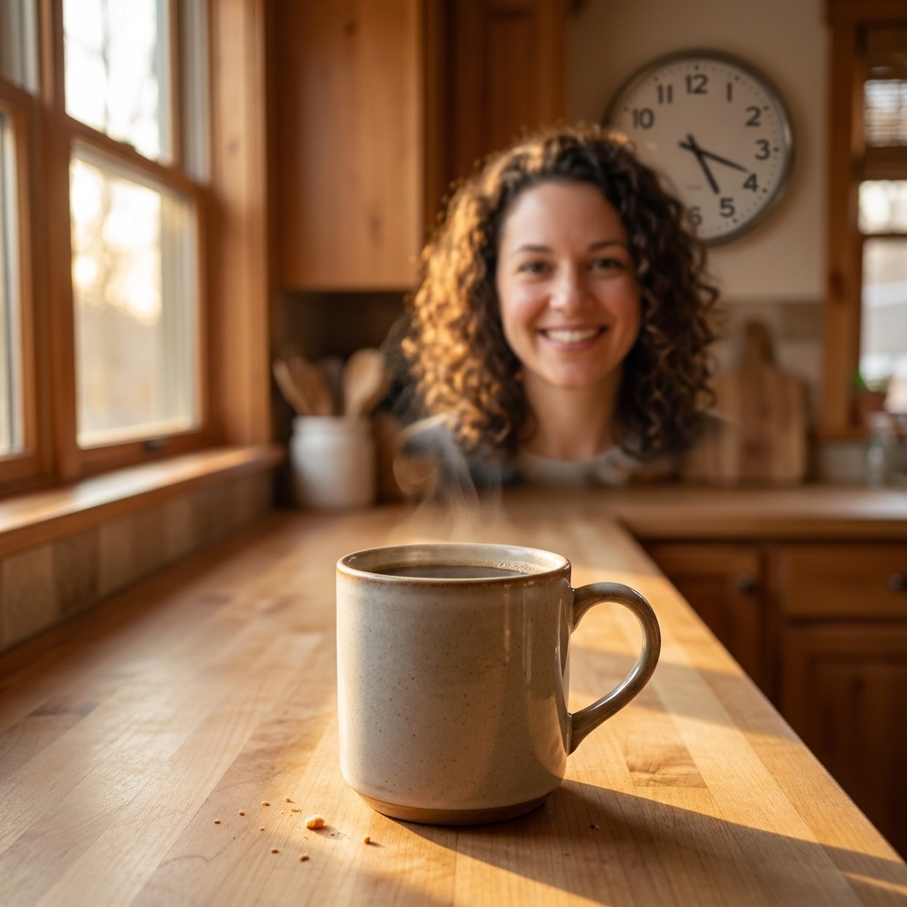 A cup of coffee on a kitchen counter in late afternoon light, with a clock softly blurred in the background.