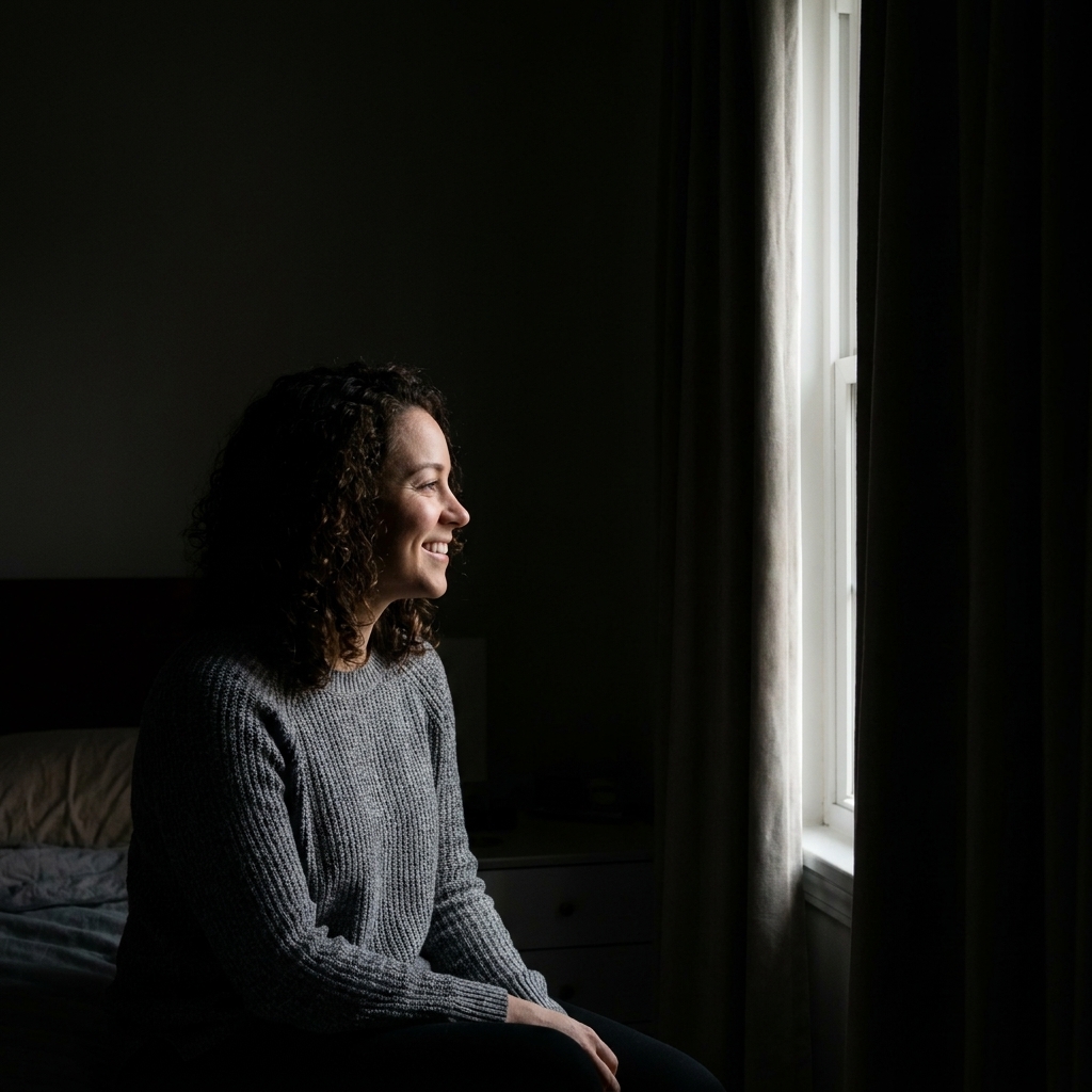 A dark bedroom with a noticeable sliver of light leaking in along the side edge of a window curtain