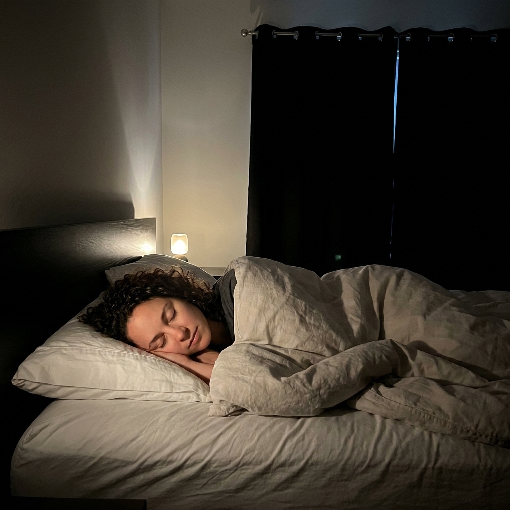A dark, quiet bedroom at night with blackout curtains drawn and the room set up for sleep