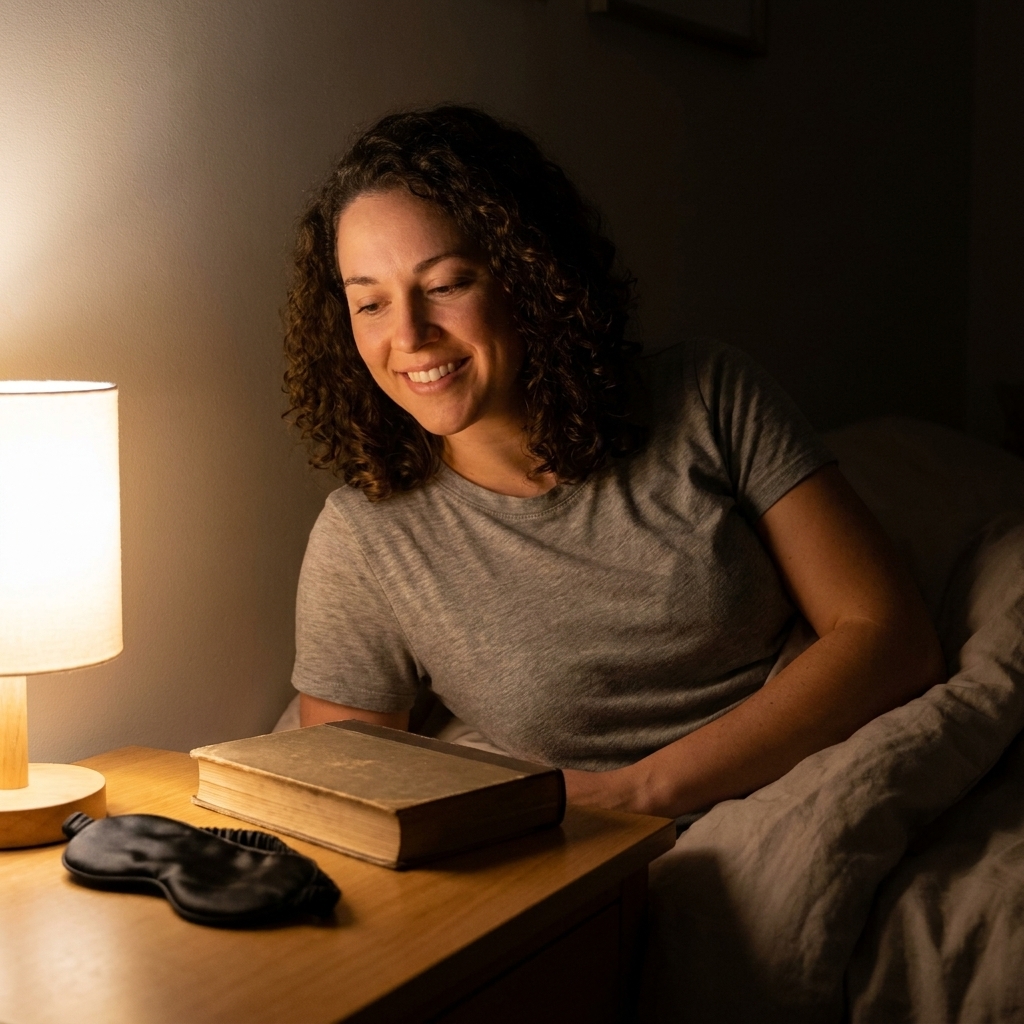 A dim bedroom with a bedside lamp on a nightstand next to a closed book and a sleep mask