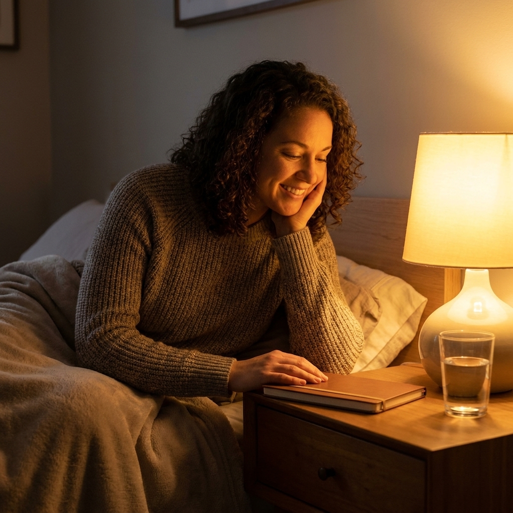 A dim, cozy bedroom with a warm bedside lamp on a nightstand, a closed notebook, and a glass of water