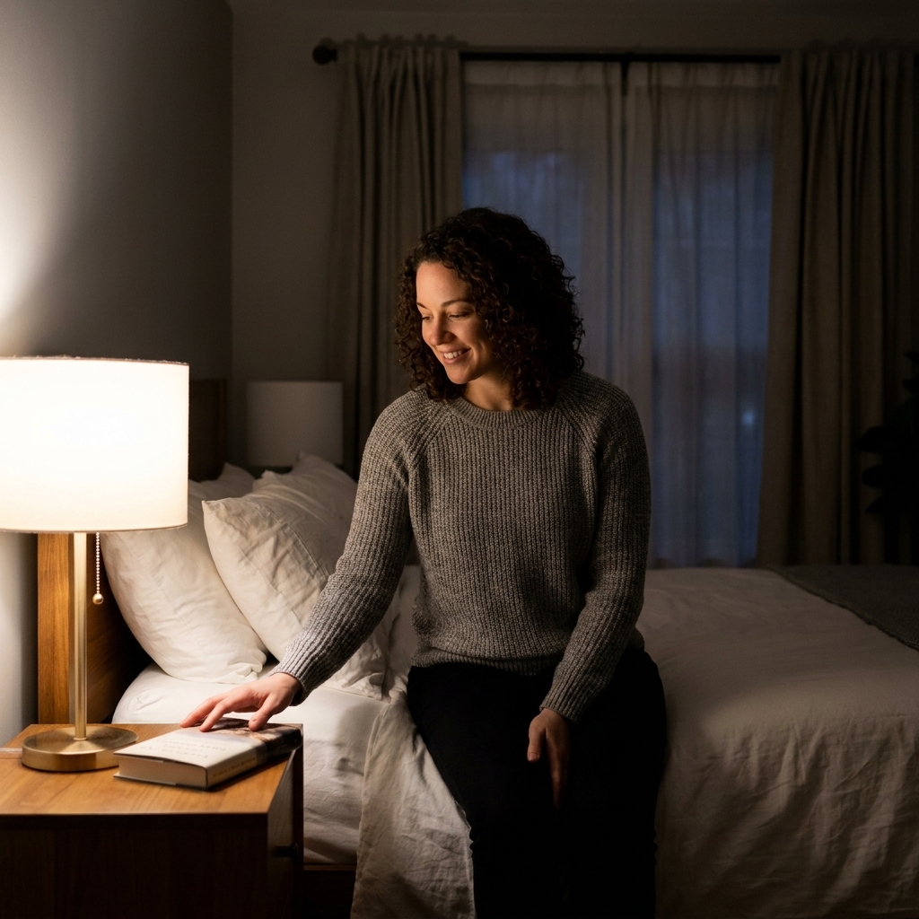 A dimly lit bedroom with a warm bedside lamp on a nightstand, curtains drawn, and a neatly made bed creating a calm nighttime atmosphere