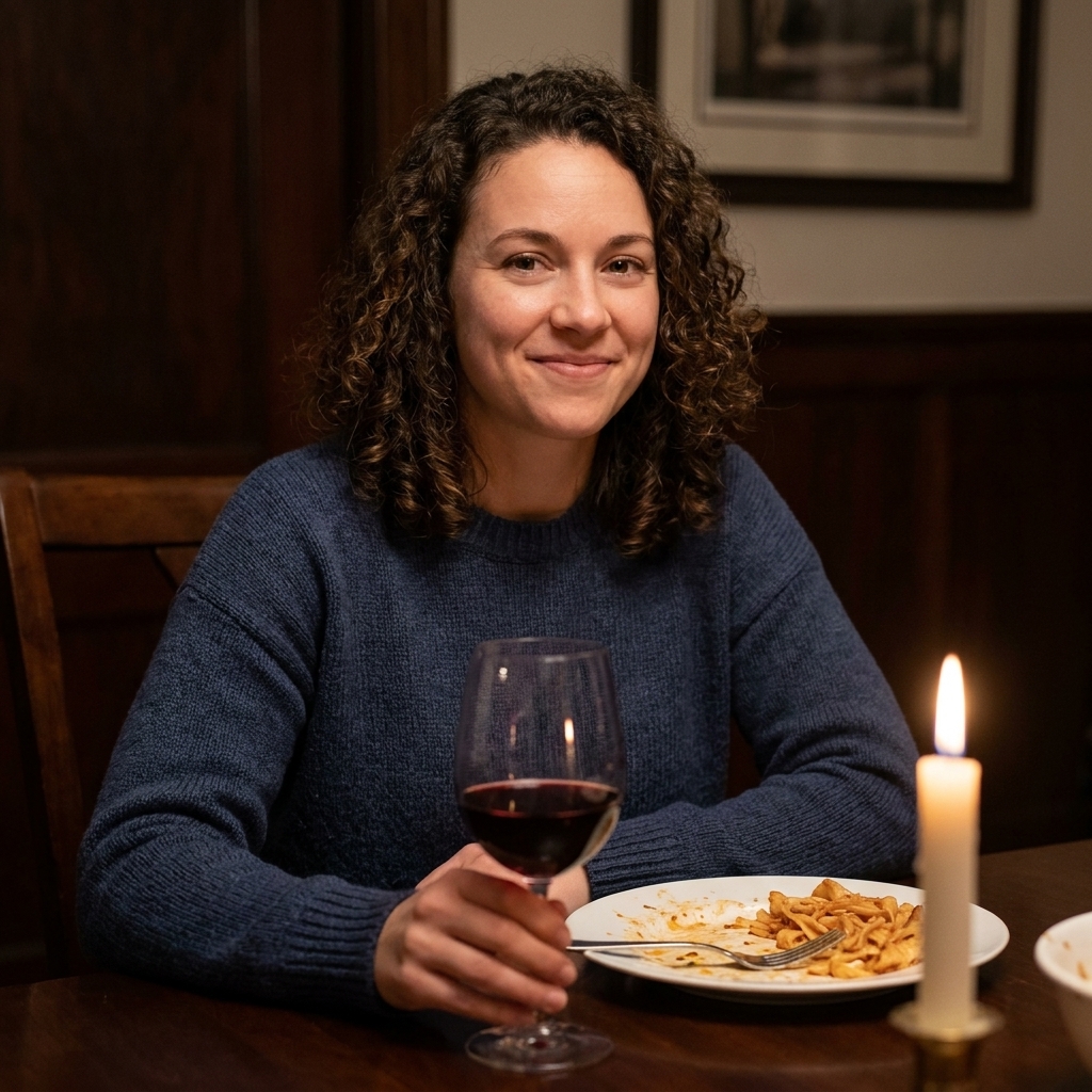 A half-full glass of red wine on a dinner table next to a plate and a lit candle in a dim, cozy dining room