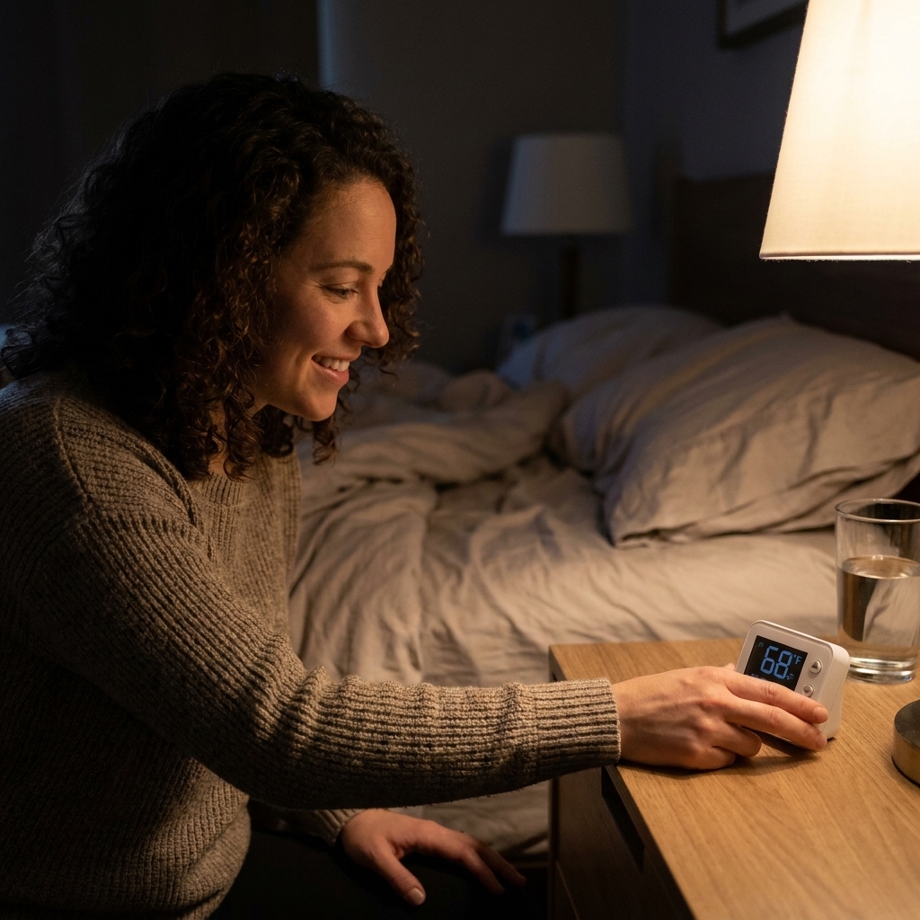 A hand adjusting a small digital thermostat on a nightstand beside a bed in a dim bedroom at night