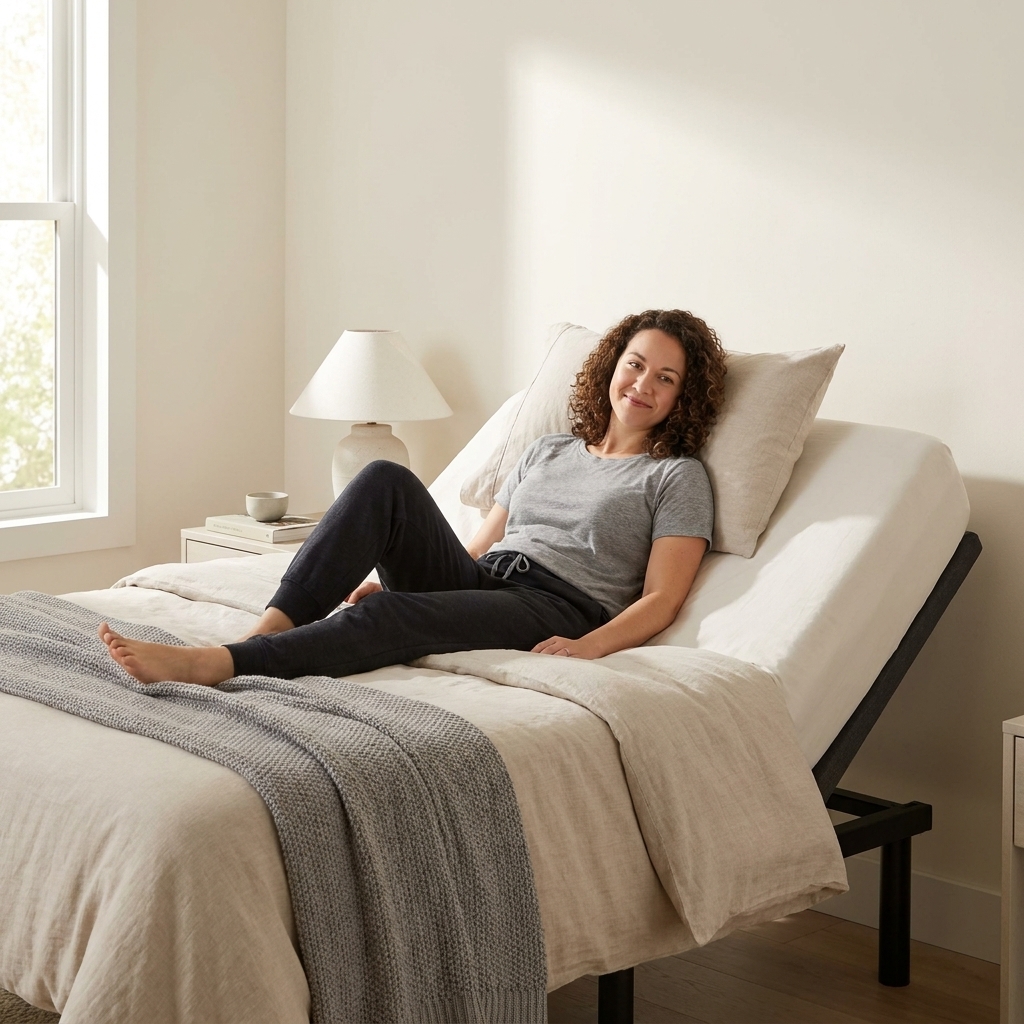 A modern bedroom with an adjustable bed base set in a gentle zero-gravity position, showing the head and knees slightly elevated under neutral bedding