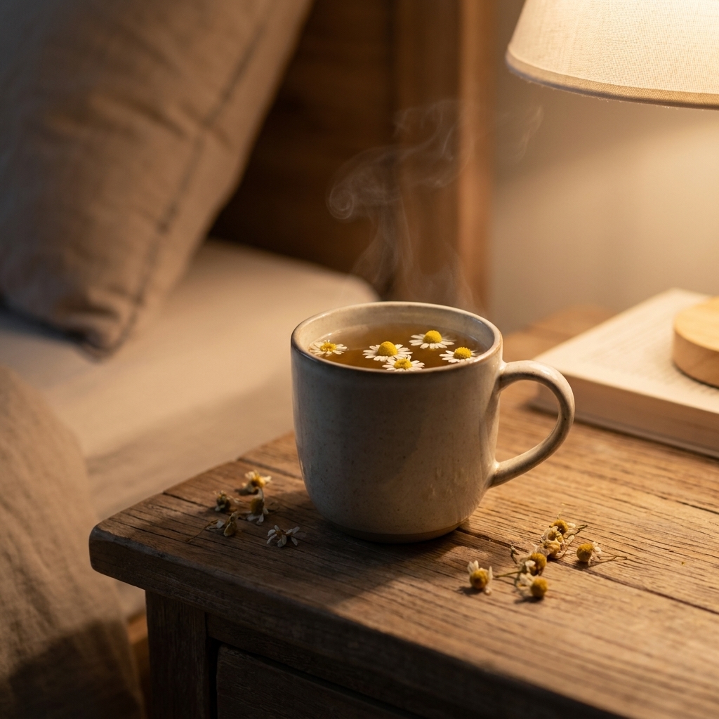 A mug of chamomile tea on a wooden bedside table in a softly lit bedroom at night