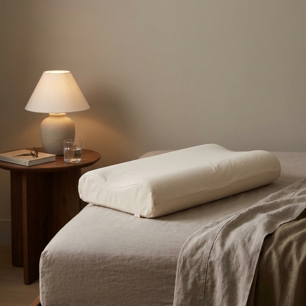 A natural latex pillow on a neatly made bed beside a nightstand