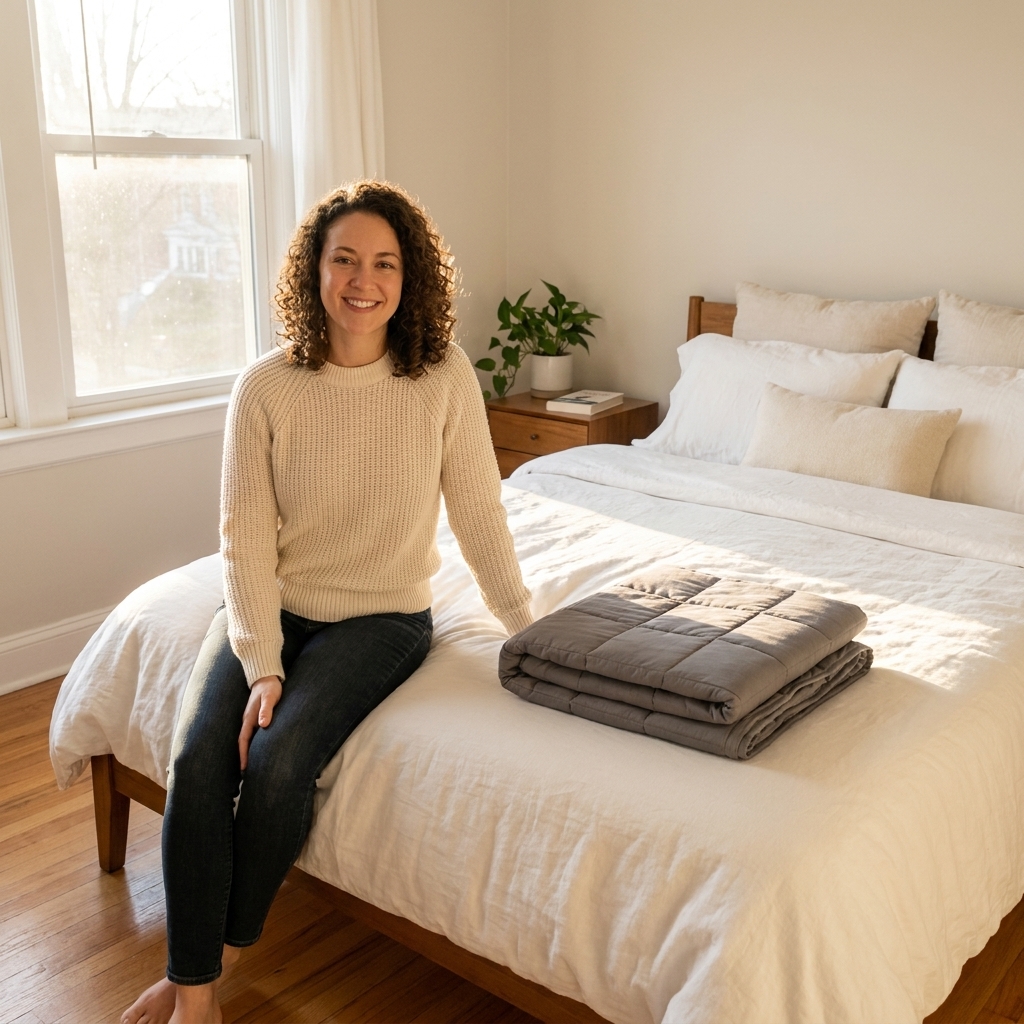 A neatly folded weighted blanket at the foot of a made bed in a bright bedroom with morning light coming through a window