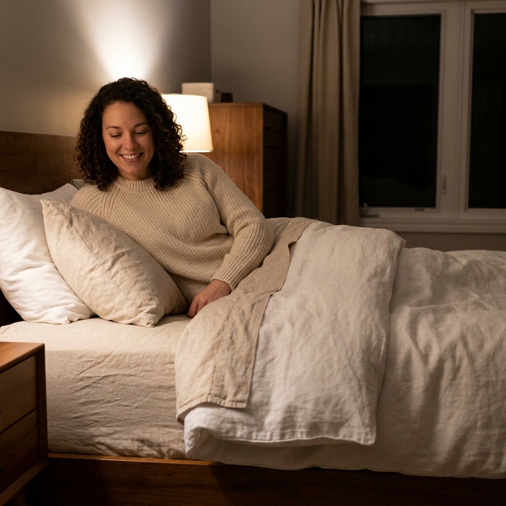 A neatly made bed with breathable linen sheets and a light duvet in a softly lit bedroom at night