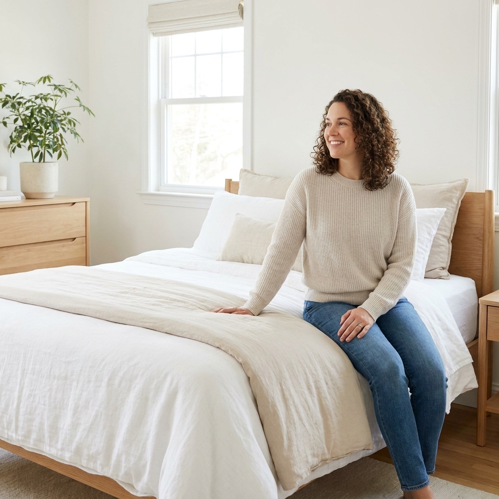 A neatly made bed with light-colored linen sheets and a thin duvet in a bright bedroom, showing a breathable, airy sleep setup