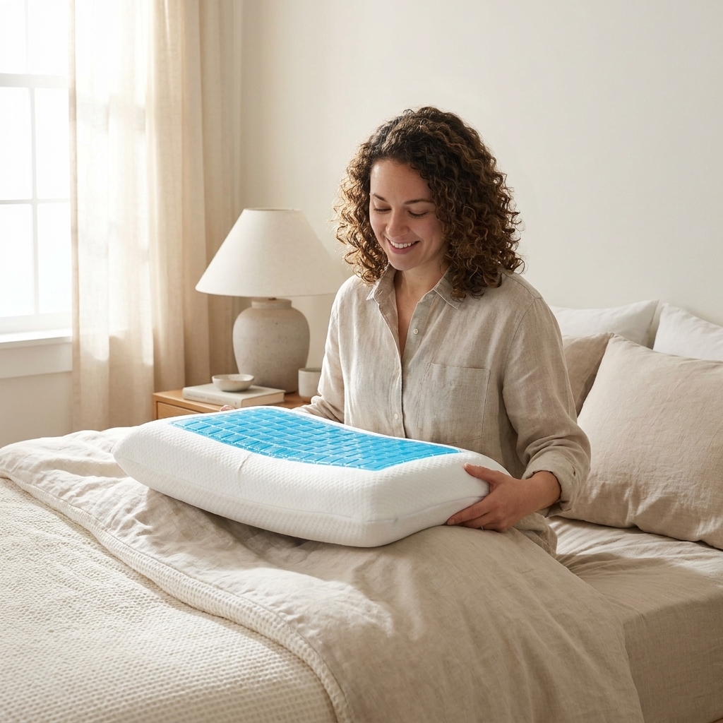 A neatly made bed with neutral breathable linens and a cooling pillow on top in soft morning light