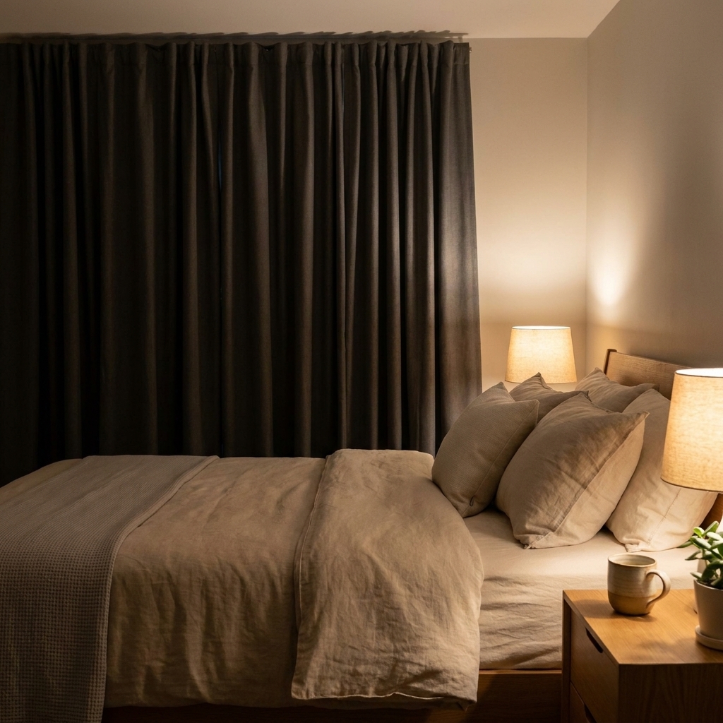 A neatly made bed with neutral linens and blackout curtains drawn, with a bedside lamp set to warm, low light