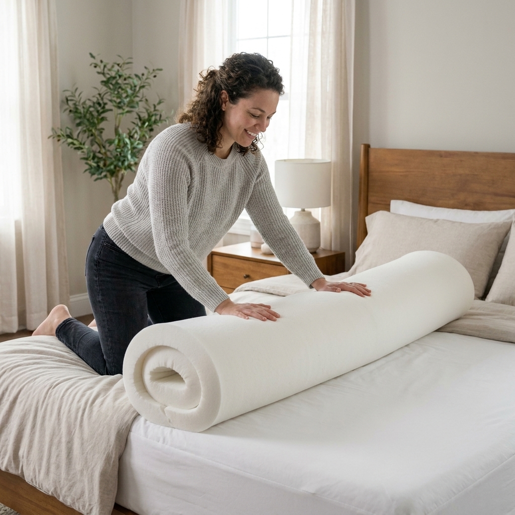 A neatly placed mattress topper being unrolled on top of a mattress in a calm bedroom setting