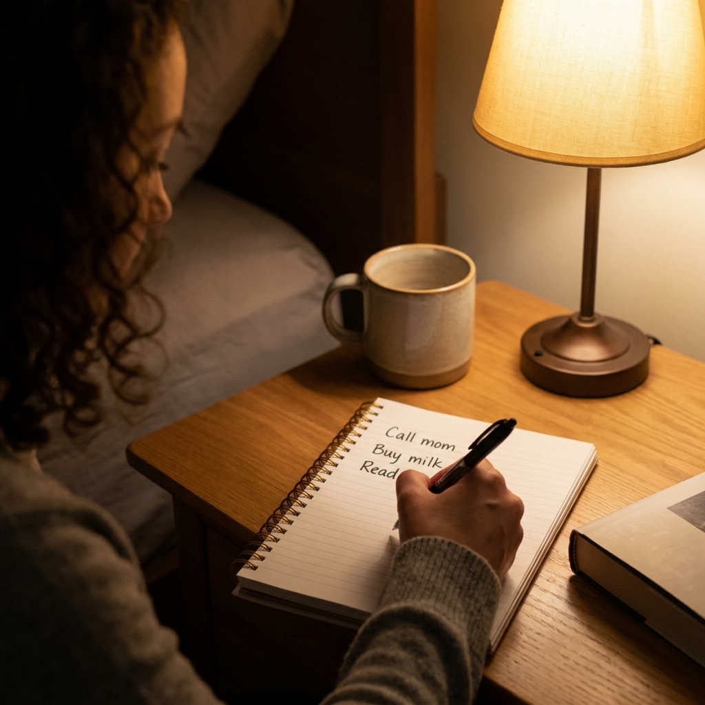 A notebook and pen on a nightstand under a soft lamp, with a person’s hand writing a short to-do list before sleep