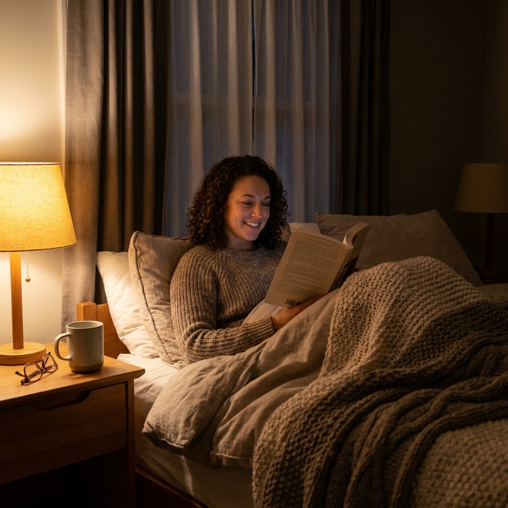 A paperback book open on a bed under a warm bedside lamp, with cozy blankets and a calm nighttime atmosphere