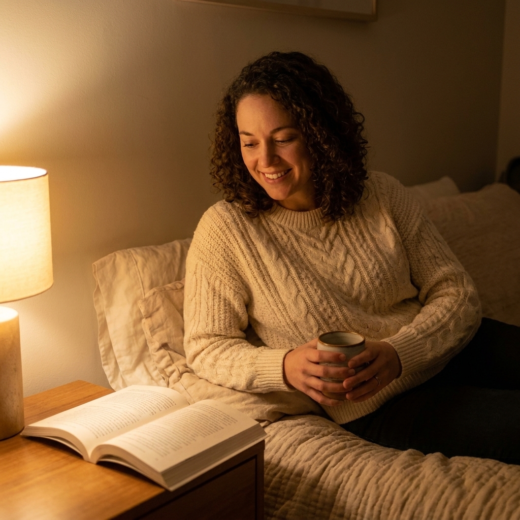 A paperback book resting open on a bedside table next to a softly glowing warm lamp in a cozy bedroom at night