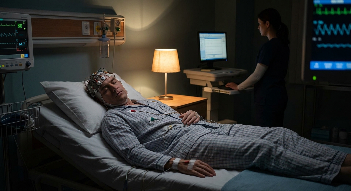 A patient lying in a sleep lab bed with scalp electrodes and monitoring leads attached while a bedside lamp softly lights the room