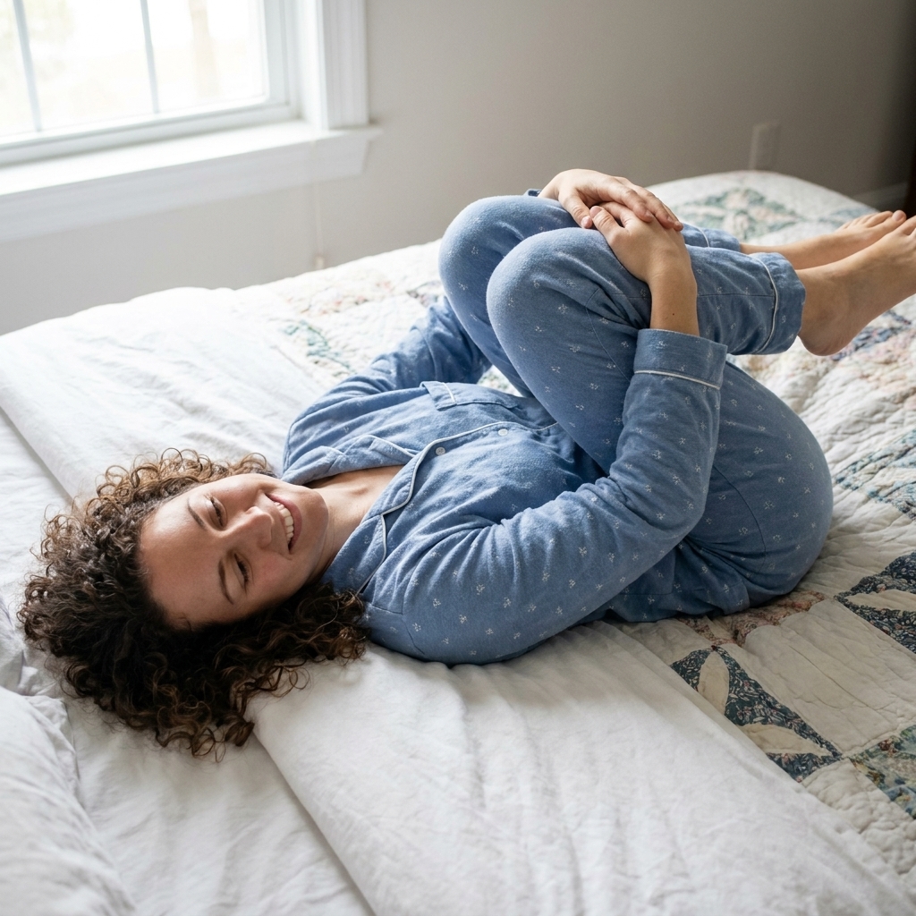A person in pajamas lying on their back on a bed, gently hugging both knees toward the chest with a relaxed face