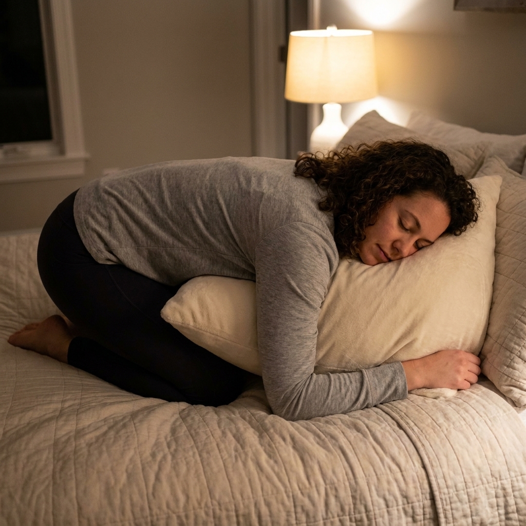 A person kneeling on a bed in a supported child's pose, torso resting on a pillow with head turned to the side, relaxed nighttime atmosphere