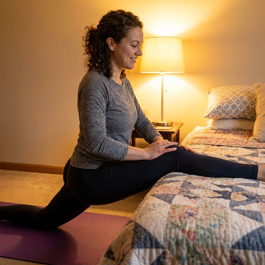 A person kneeling on a yoga mat beside a bed doing a supported low lunge hip flexor stretch with hands resting on the front thigh, warm lamp light