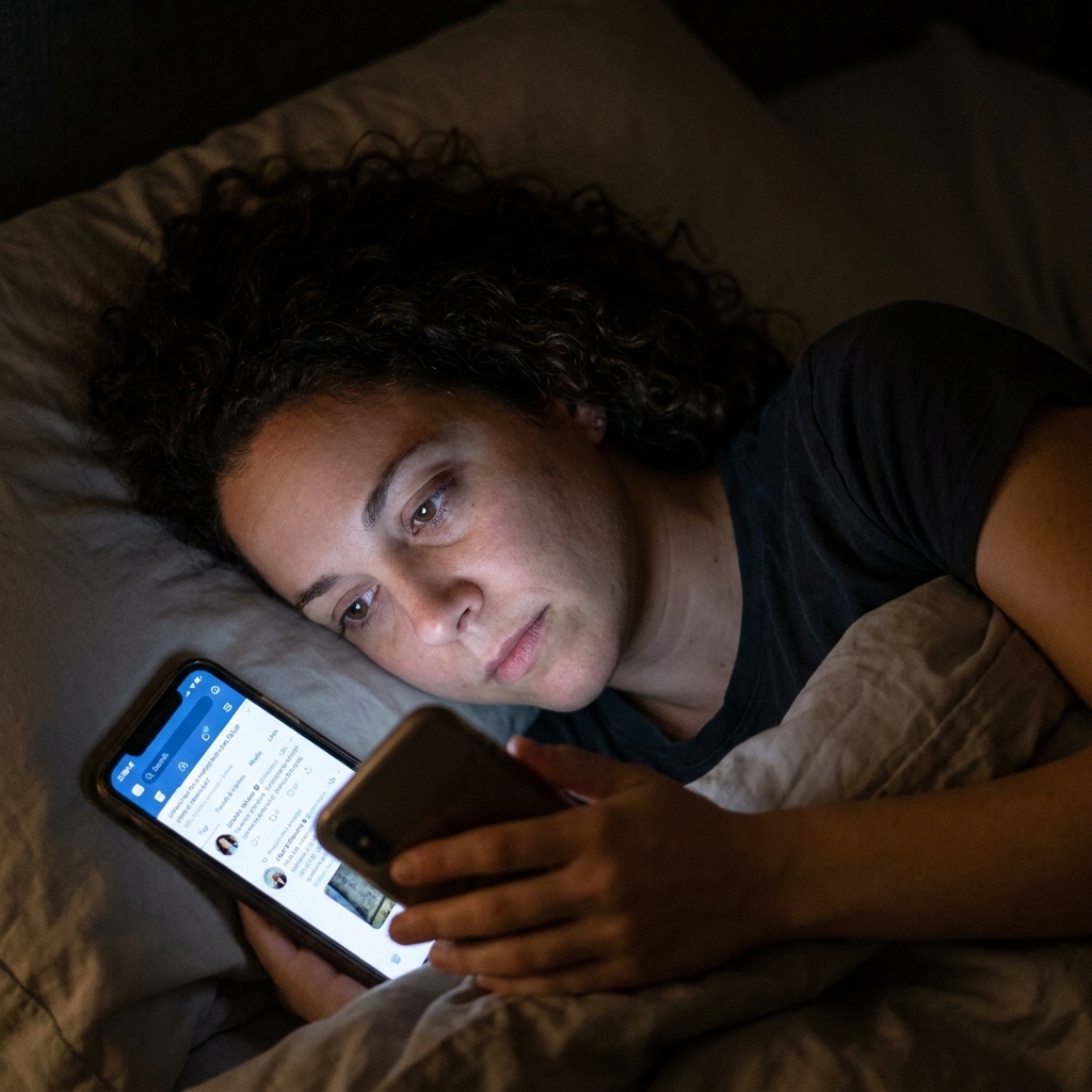 A person lying in bed in a dark room with a smartphone glowing near their face, suggesting late-night scrolling and difficulty winding down