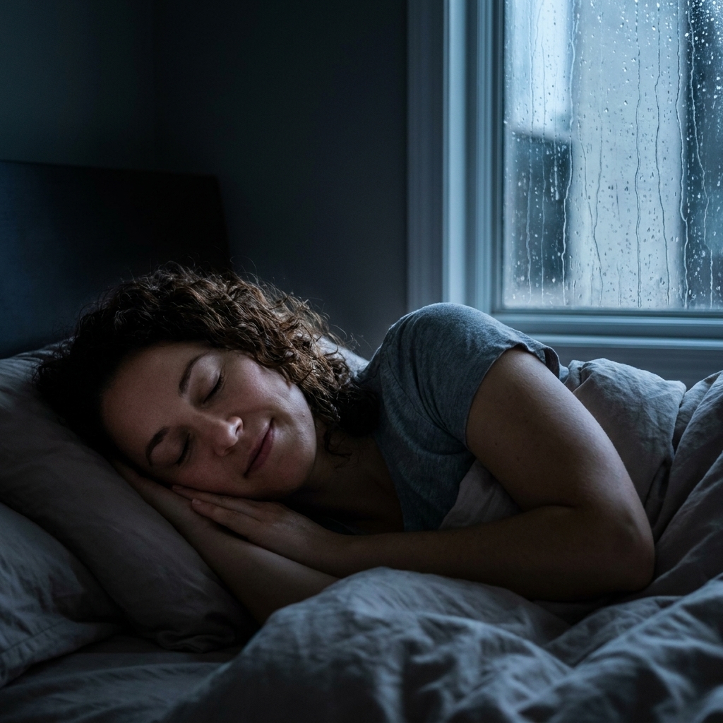 A person lying in bed with eyes closed in a darkened bedroom while soft rain taps against a nearby window