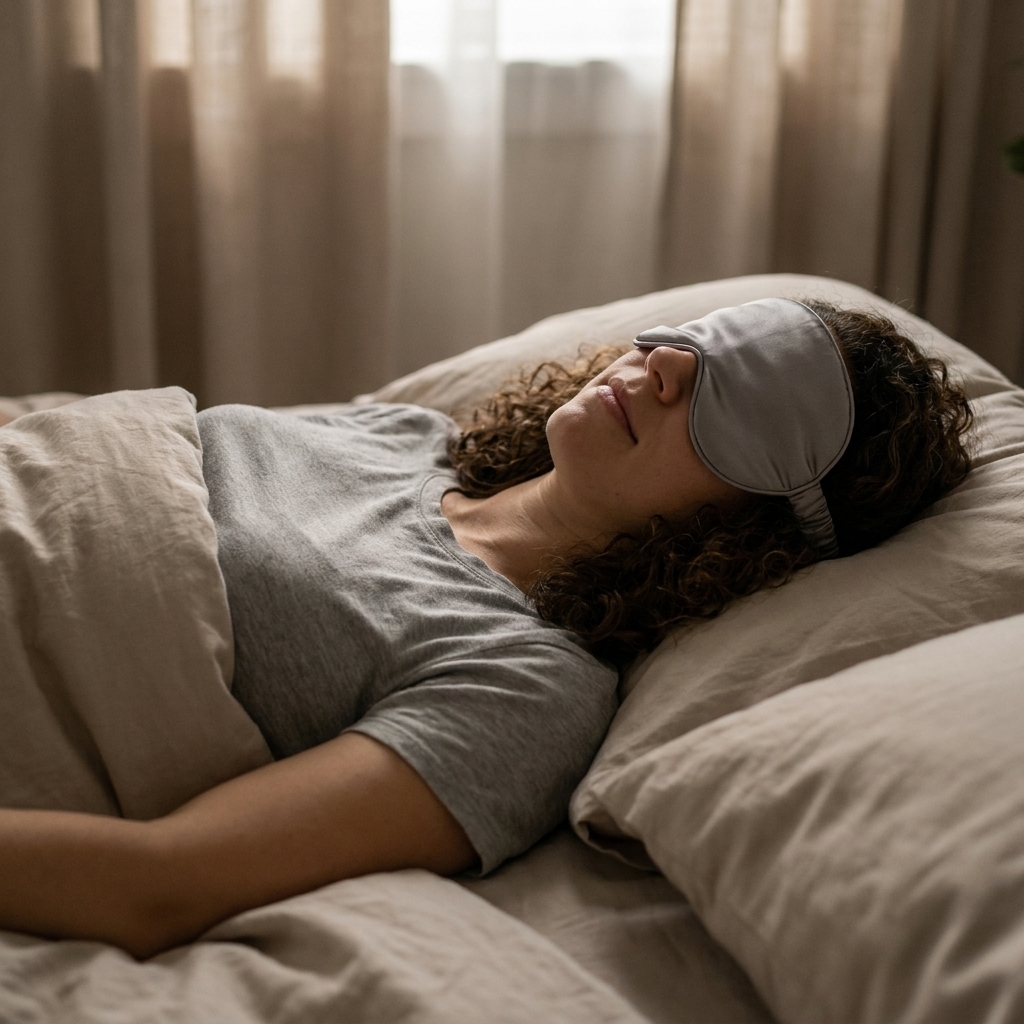 A person lying on a bed wearing a soft sleep mask, resting calmly in a dim room with a neutral duvet