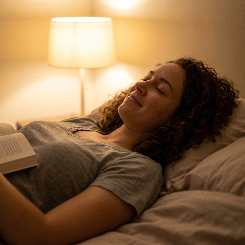 A person lying on their back in a dim bedroom with soft bedside lighting, appearing calm and relaxed with shoulders settled into the mattress