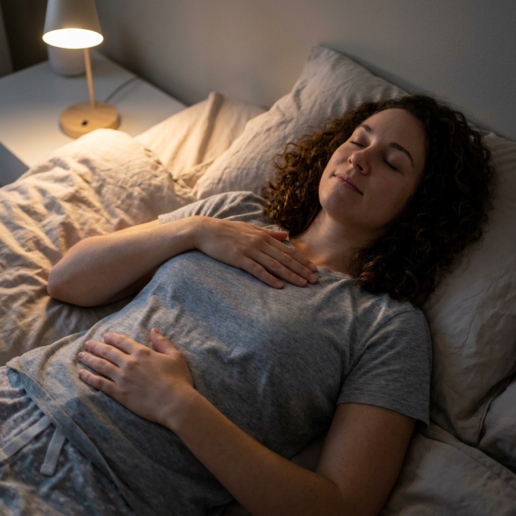 A person lying on their back in bed with a relaxed face, one hand on the chest and the other on the abdomen, practicing slow paced breathing in low light