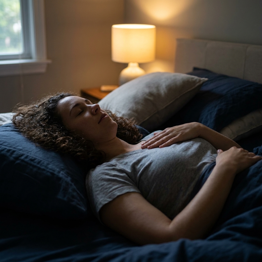 A person lying on their back in bed with eyes closed, one hand on their chest, practicing slow breathing in a dim bedroom