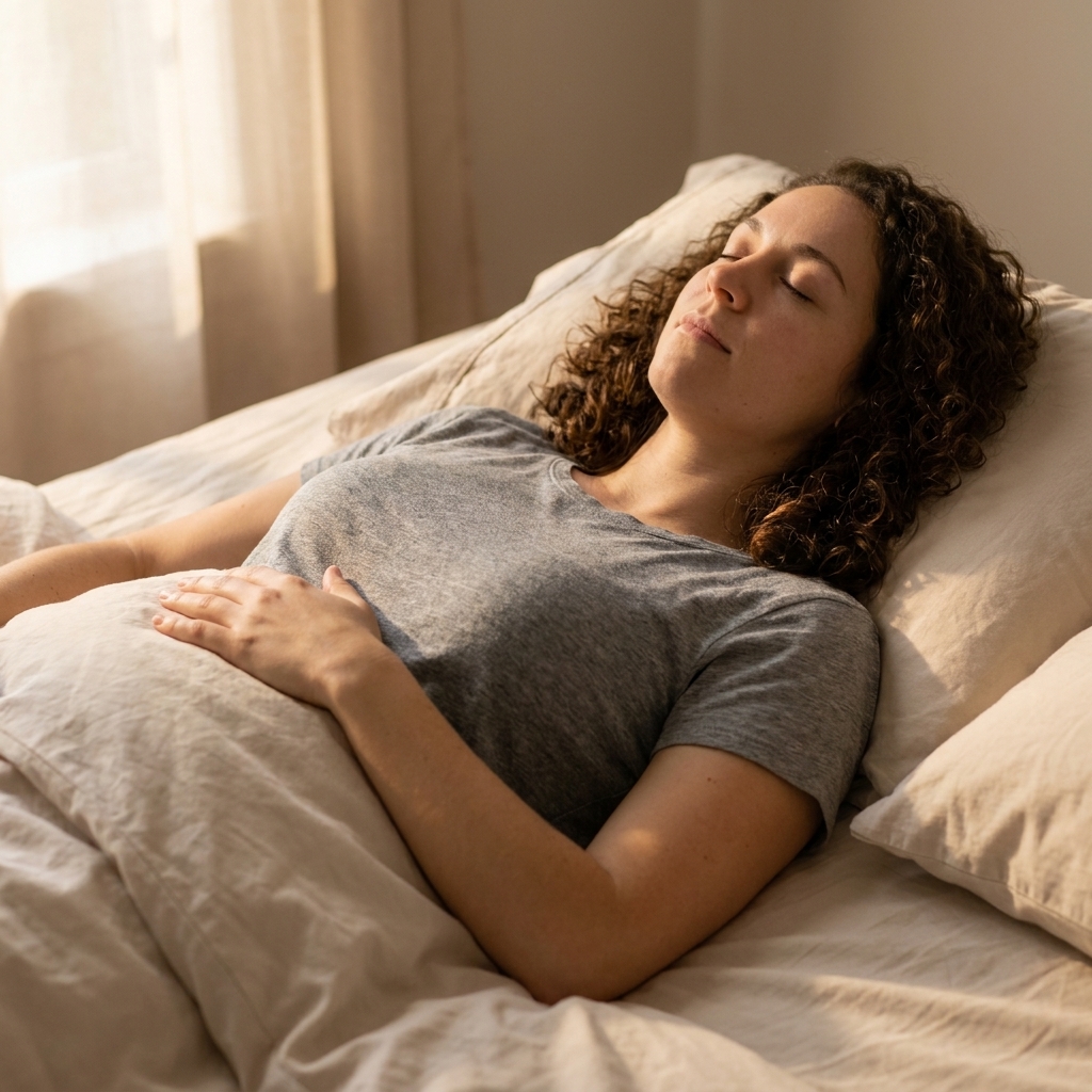 A person lying on their back in bed with eyes closed, one hand on their abdomen, breathing slowly in a softly lit bedroom